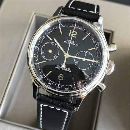 Sugess Panda 38mm Black Gooseneck Chronograph Watch Pilot Mechanical Watch Men's Watch Leather