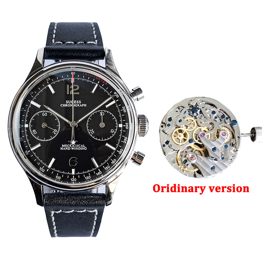 Sugess Panda 38mm Black Gooseneck Chronograph Watch Pilot Mechanical Watch Men's Watch Leather