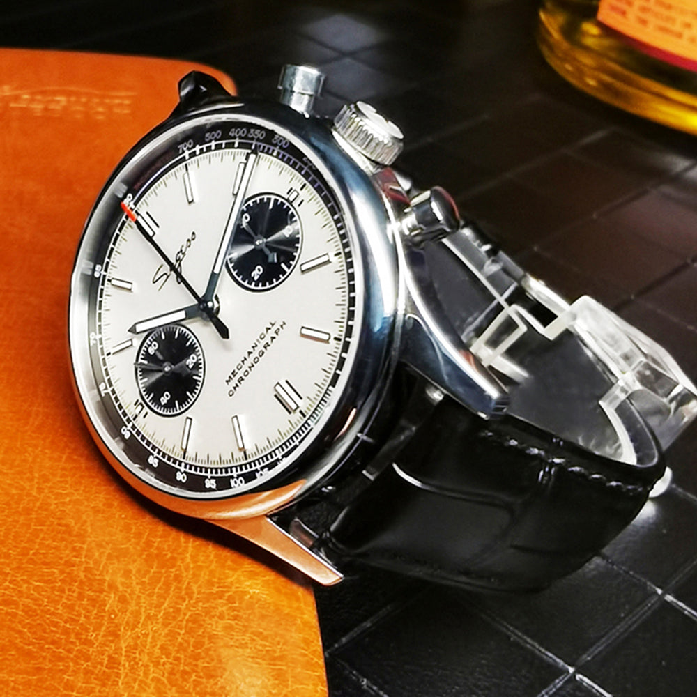 Sugess Panda White Sapphire 38mm And 40mm Leather Band 30m Waterproof  Luxury Chronograph Watch Seagull Movement 1963